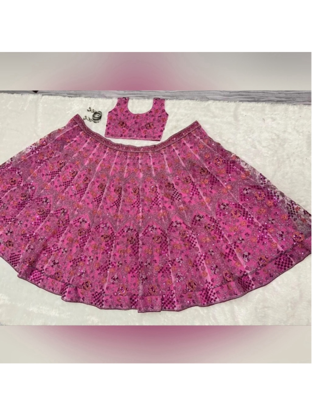 Rose Pink Net Sequins embroidered Flared Style Lehenga Choli - Picture 3 of 8